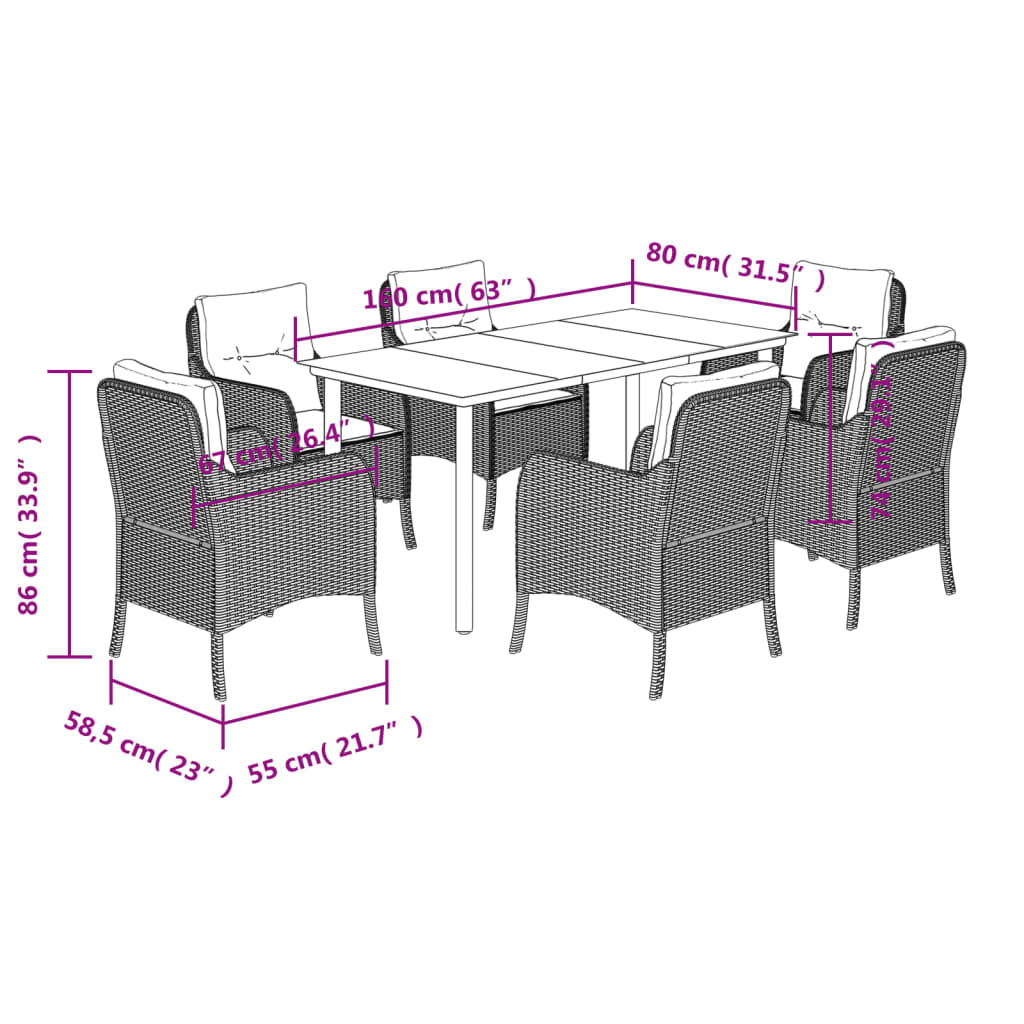 7 Piece Garden Dining Set with Cushions Grey Poly Rattan