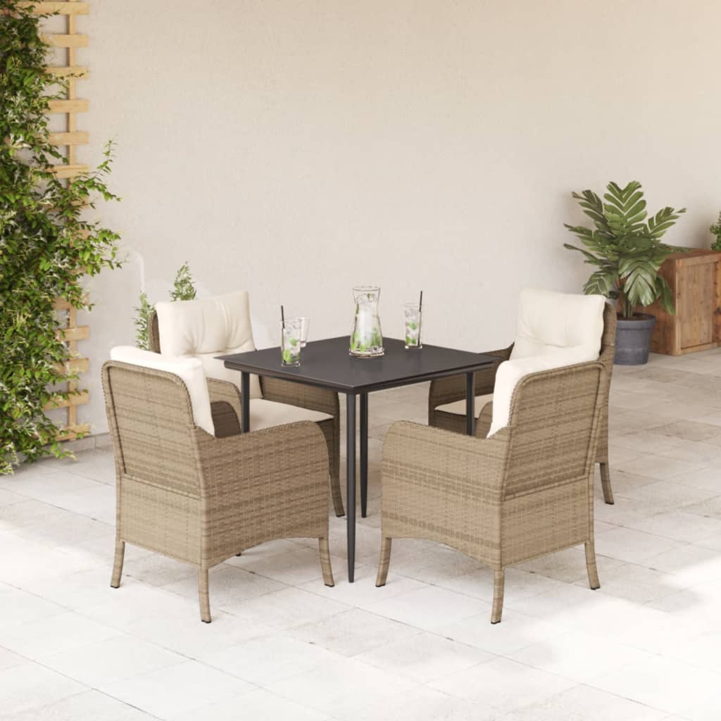 5 Piece Garden Dining Set with Cushions Beige Poly Rattan