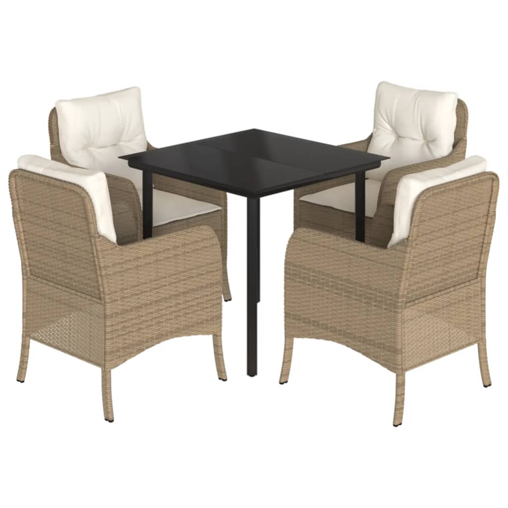 5 Piece Garden Dining Set with Cushions Beige Poly Rattan
