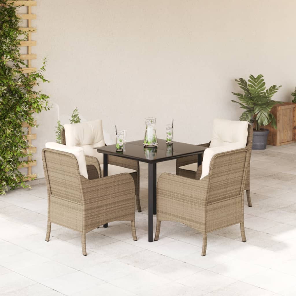 5 Piece Garden Dining Set with Cushions Beige Poly Rattan