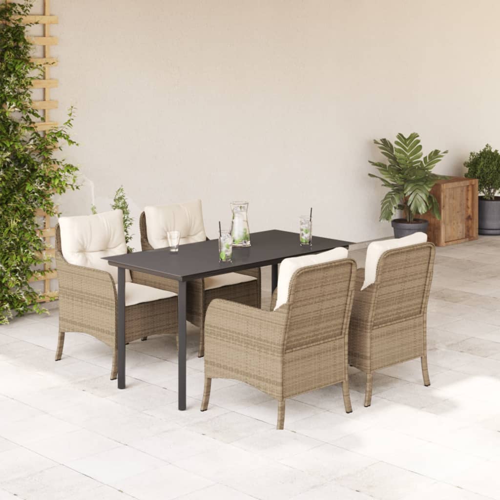 5 Piece Garden Dining Set with Cushions Beige Poly Rattan