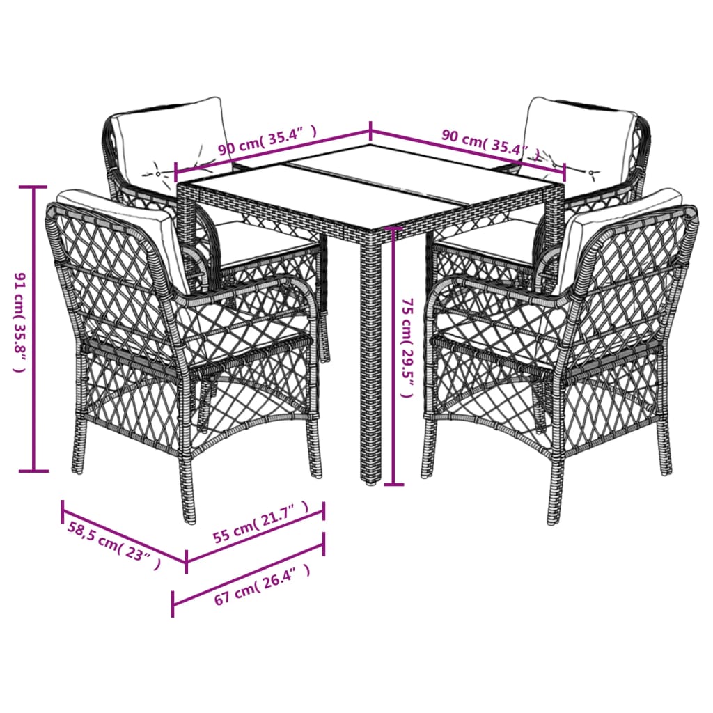 5 Piece Garden Dining Set with Cushions Black Poly Rattan