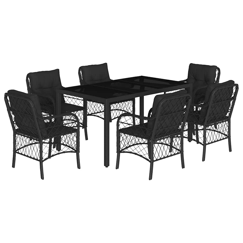7 Piece Garden Dining Set with Cushions Black Poly Rattan