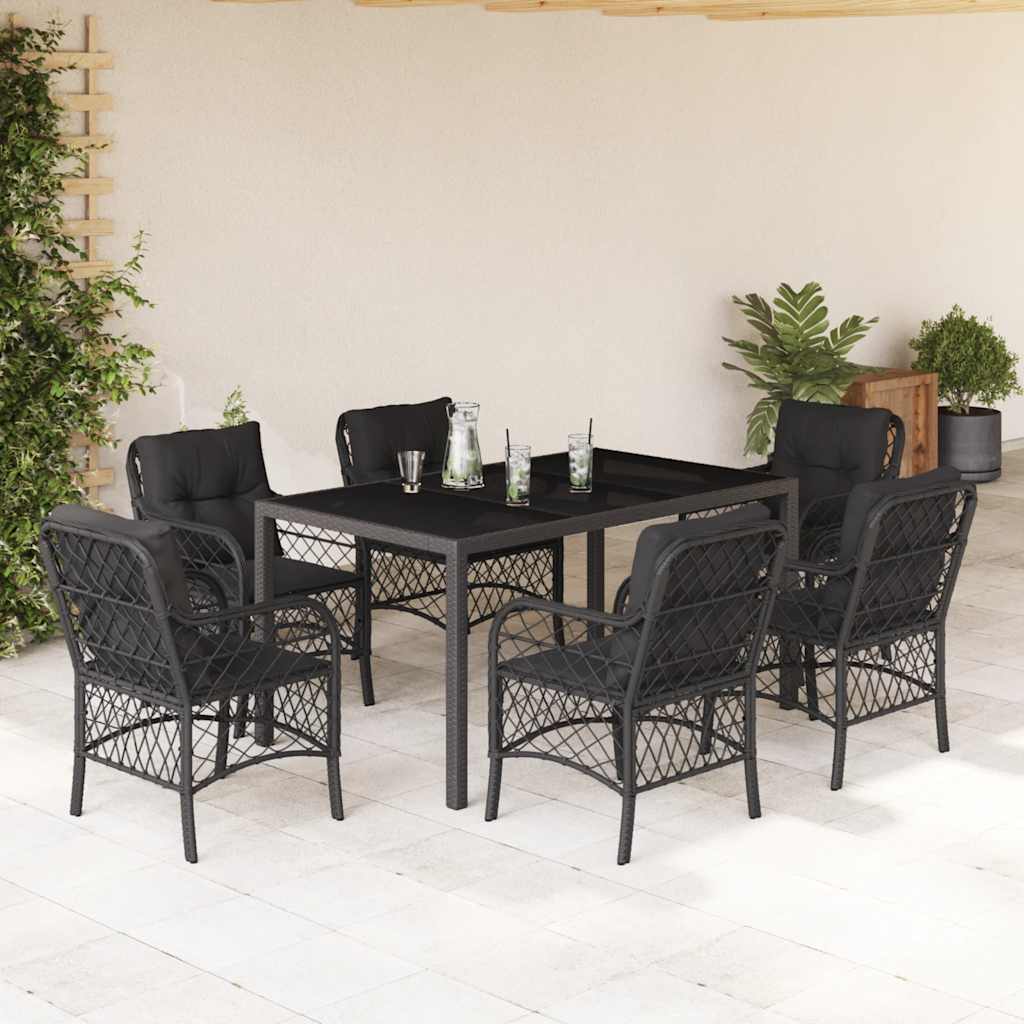 7 Piece Garden Dining Set with Cushions Black Poly Rattan