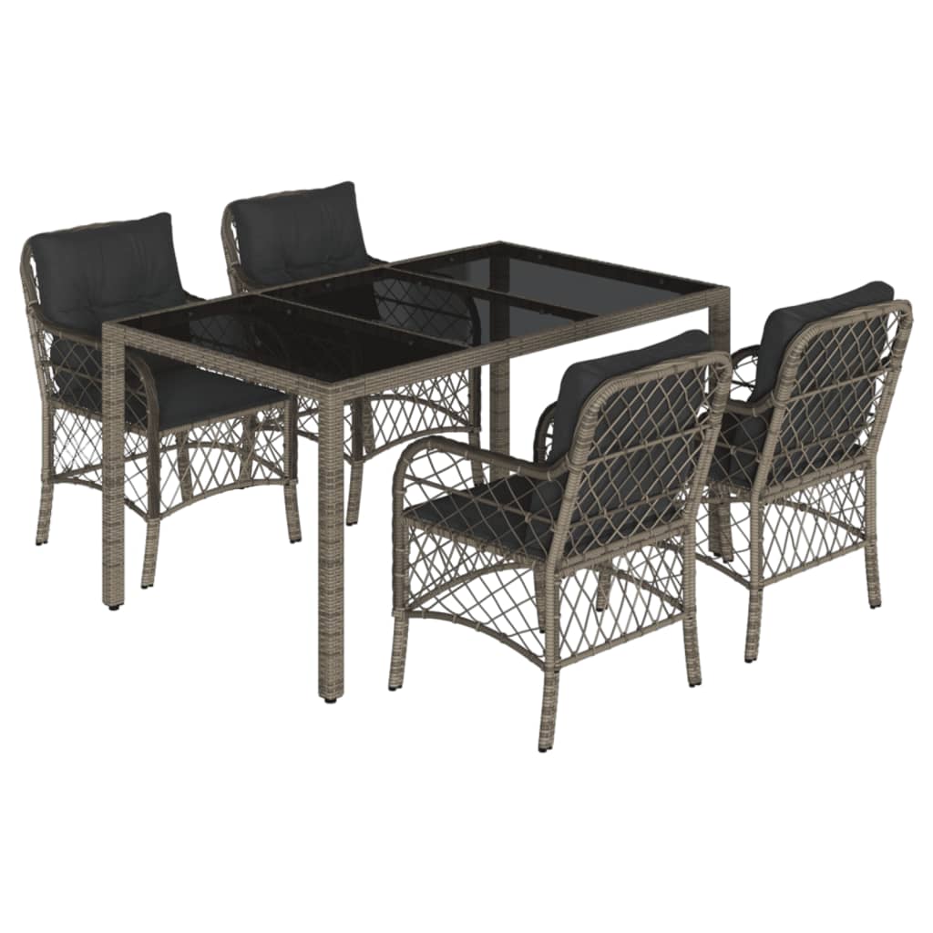 5 Piece Garden Dining Set with Cushions Grey Poly Rattan
