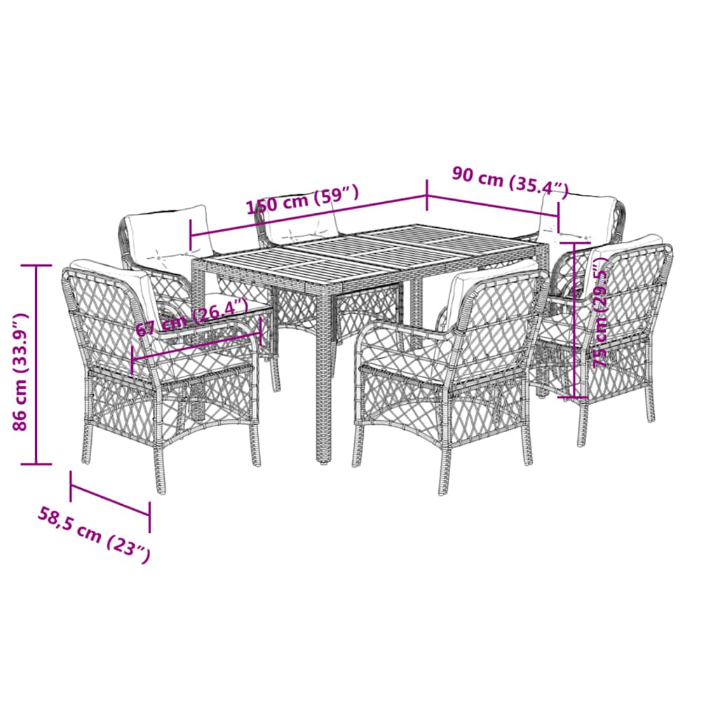 7 Piece Garden Dining Set with Cushions Black Poly Rattan