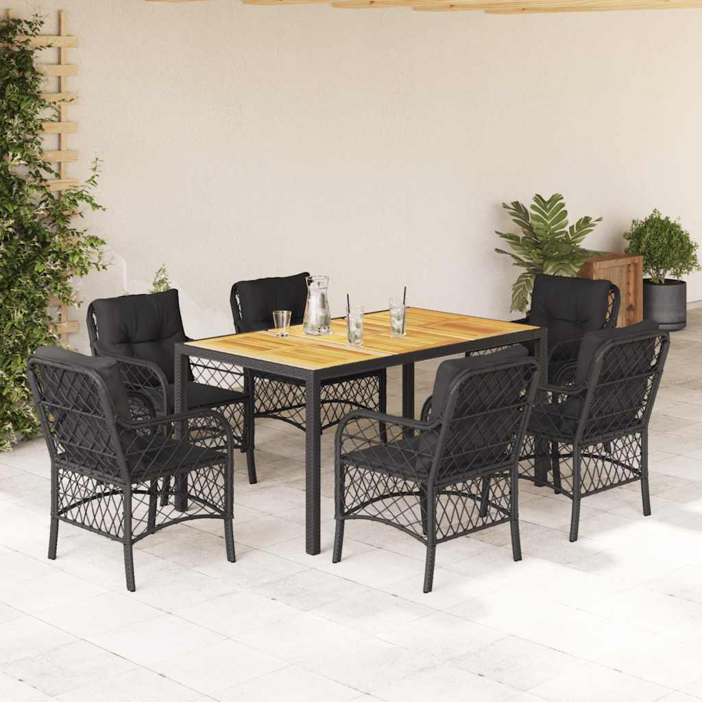 7 Piece Garden Dining Set with Cushions Black Poly Rattan
