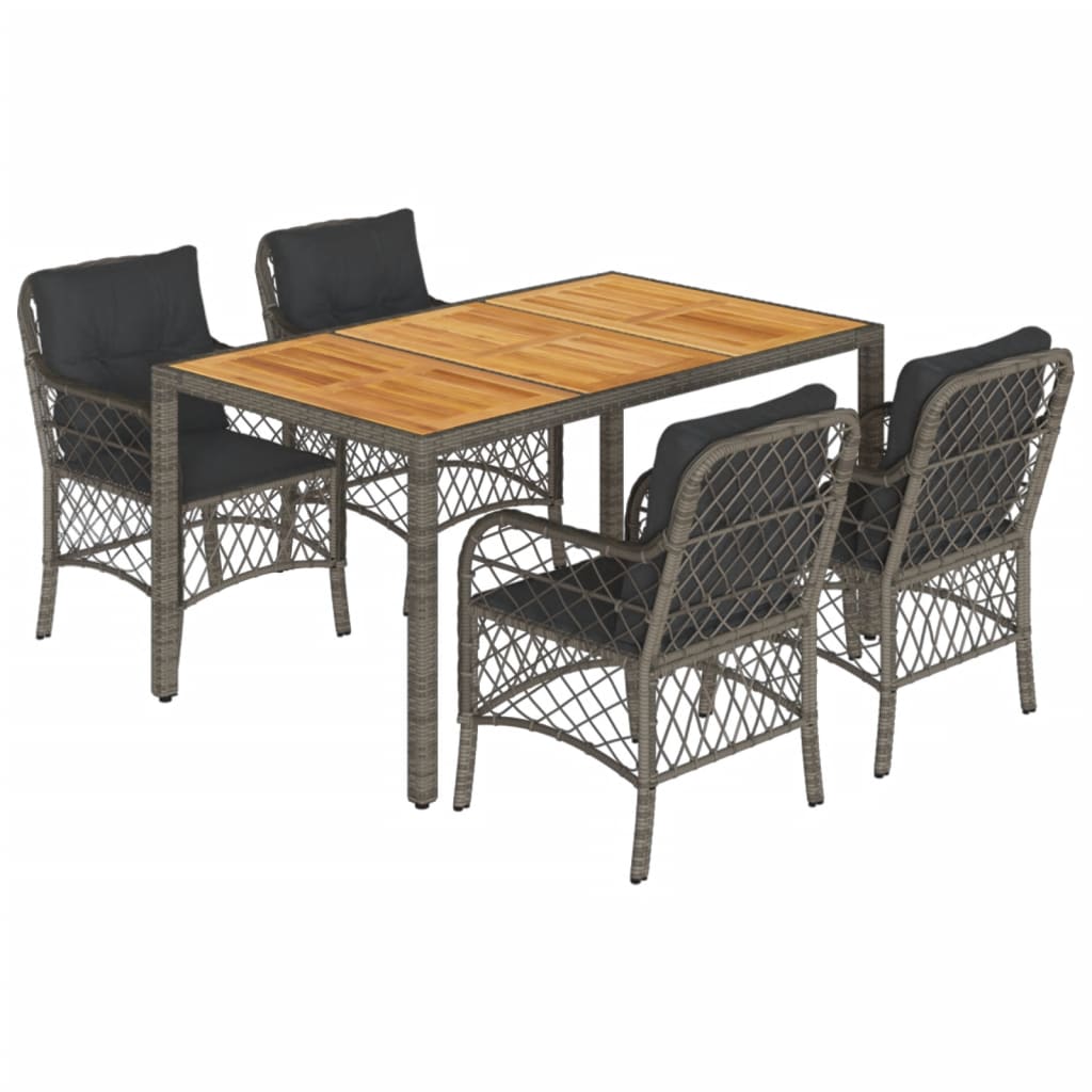 5 Piece Garden Dining Set with Cushions Grey Poly Rattan