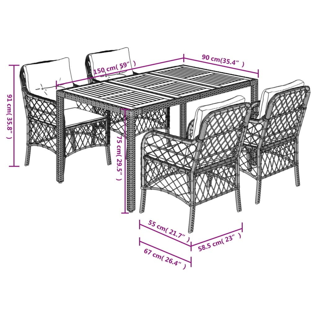 5 Piece Garden Dining Set with Cushions Grey Poly Rattan