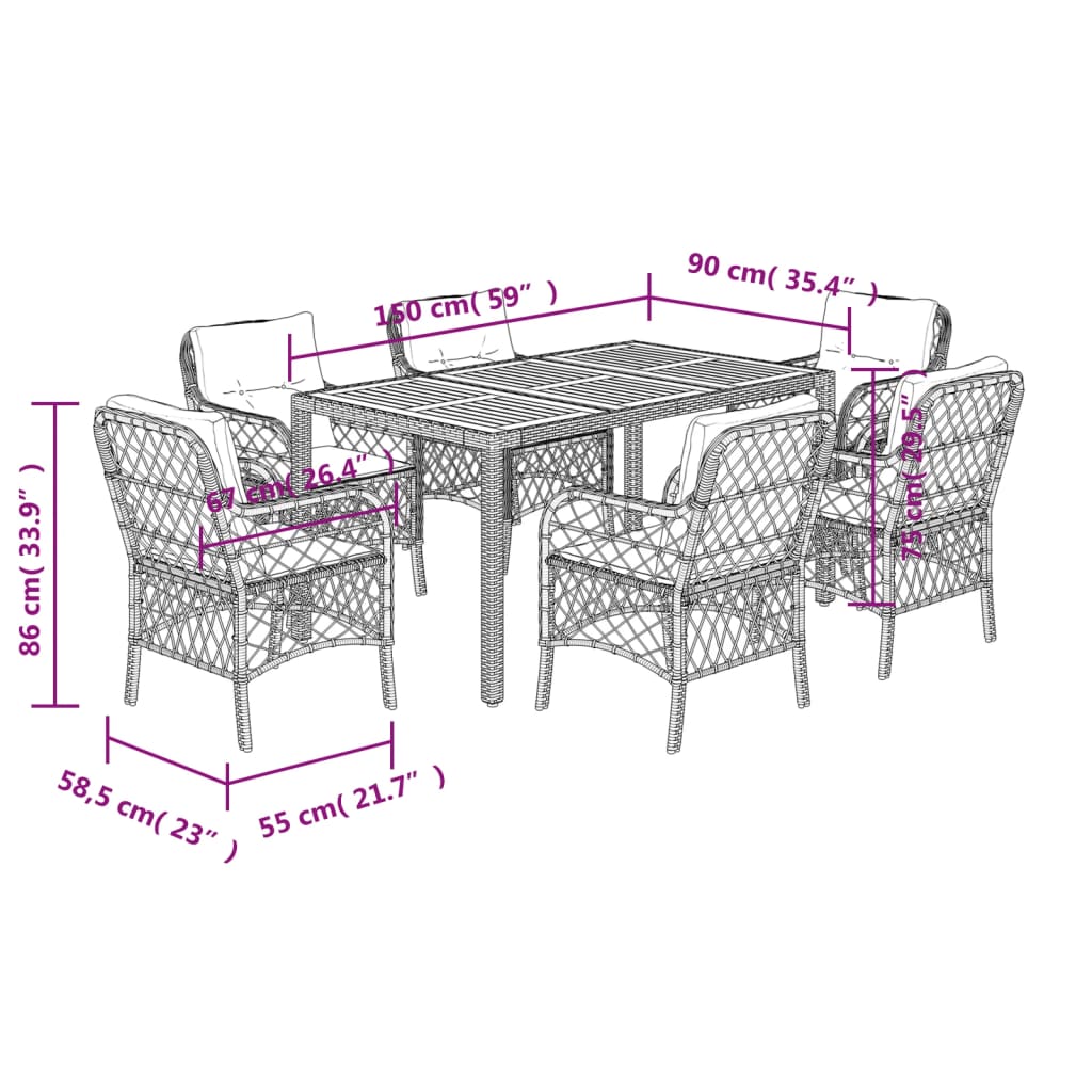 7 Piece Garden Dining Set with Cushions Grey Poly Rattan