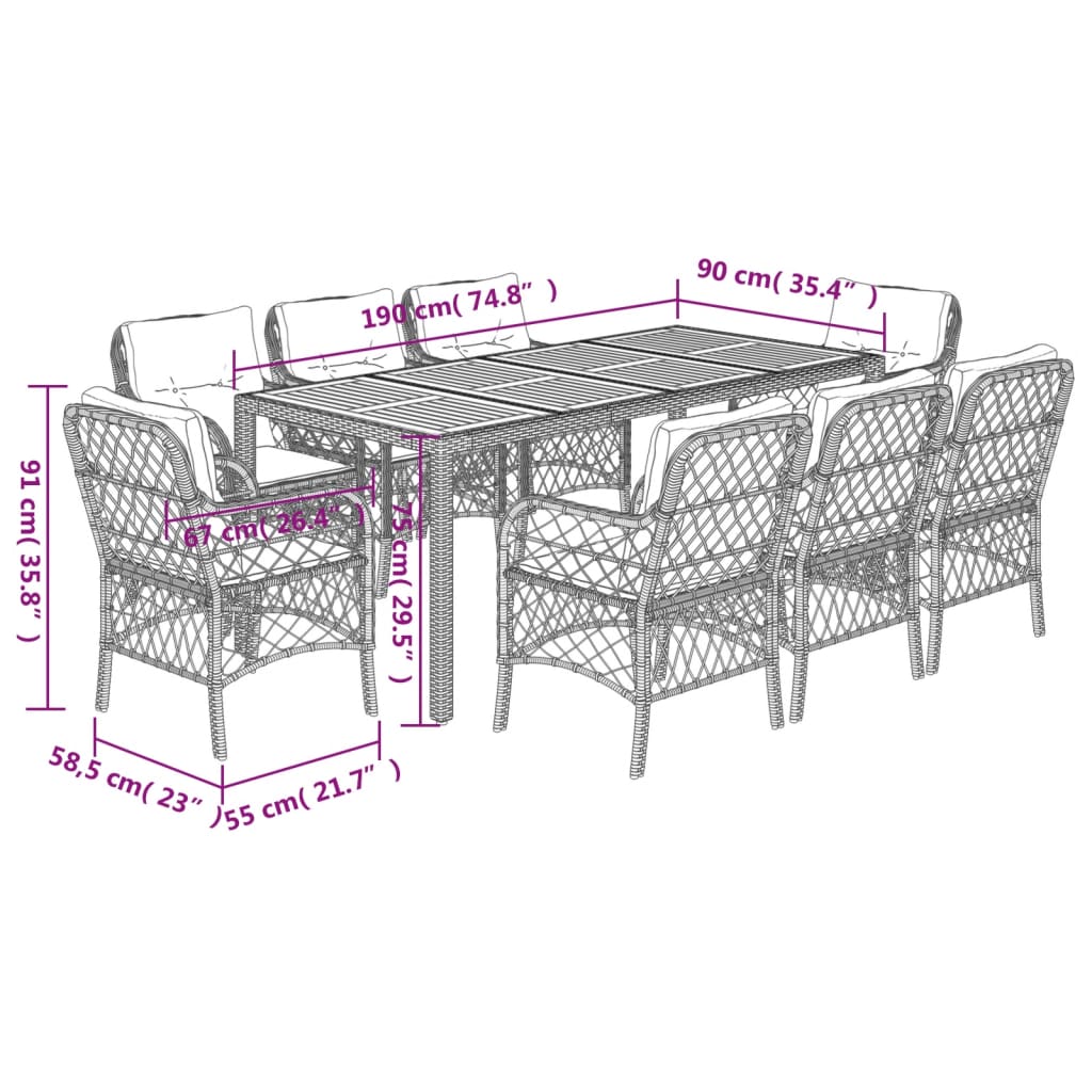 9 Piece Garden Dining Set with Cushions Grey Poly Rattan
