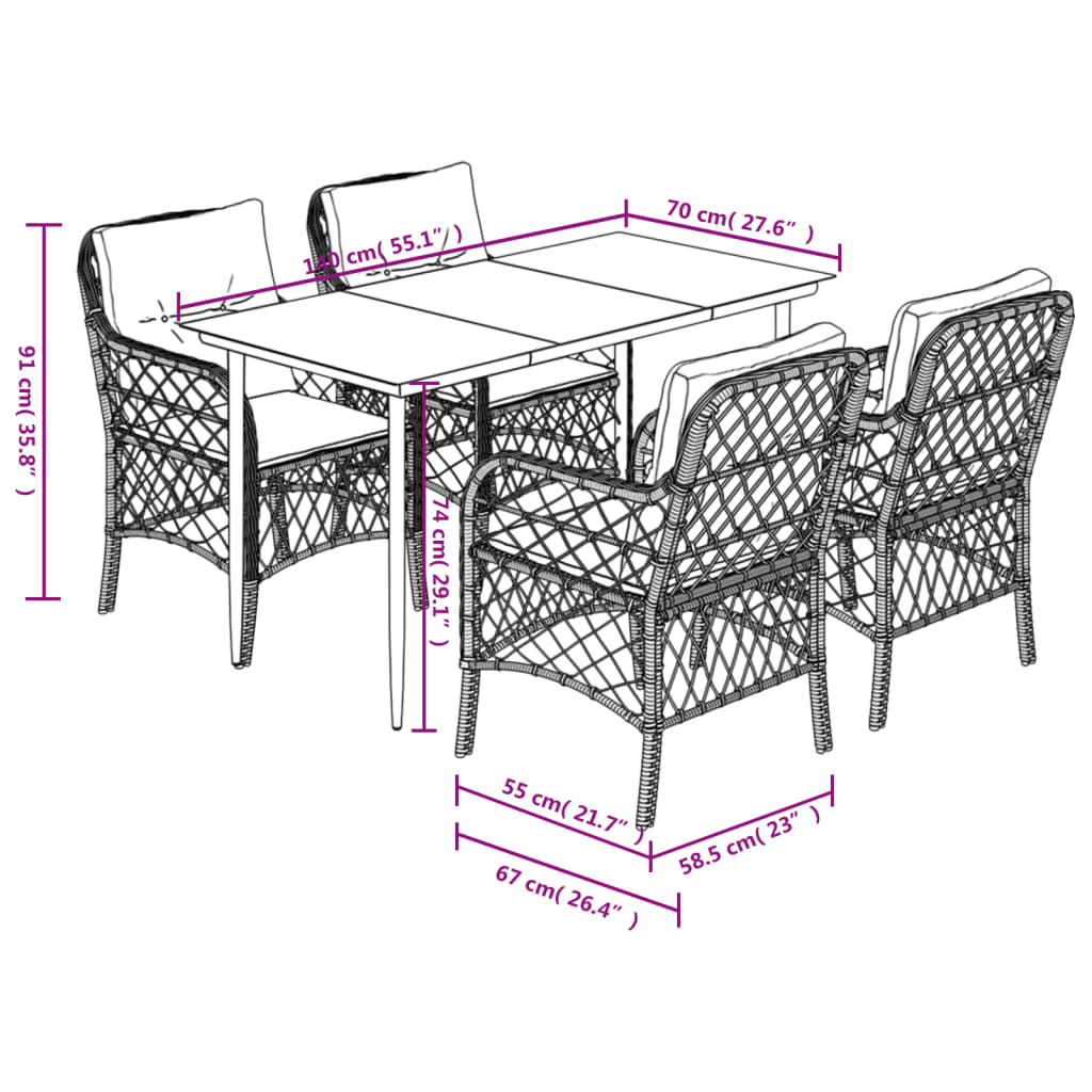 5 Piece Garden Dining Set with Cushions Black Poly Rattan