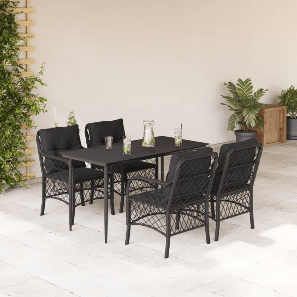 5 Piece Garden Dining Set with Cushions Black Poly Rattan