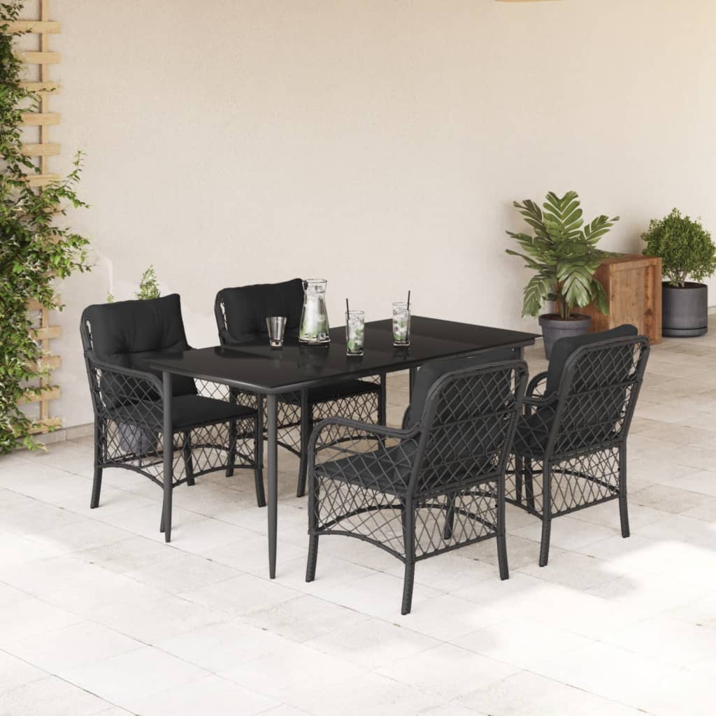5 Piece Garden Dining Set with Cushions Black Poly Rattan
