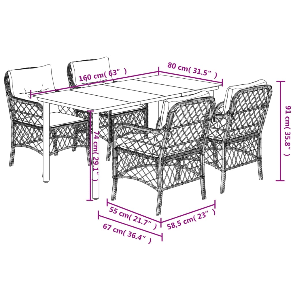 5 Piece Garden Dining Set with Cushions Black Poly Rattan