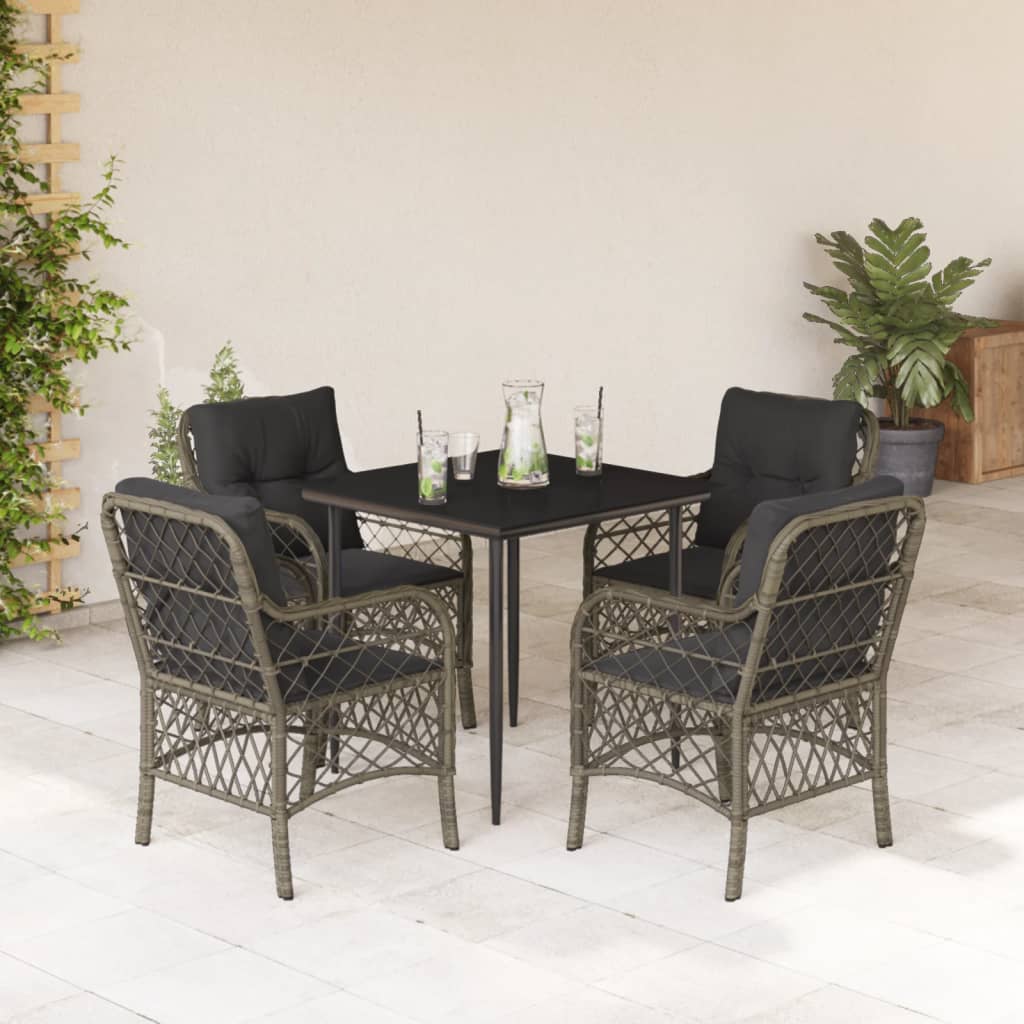 5 Piece Garden Dining Set with Cushions Grey Poly Rattan