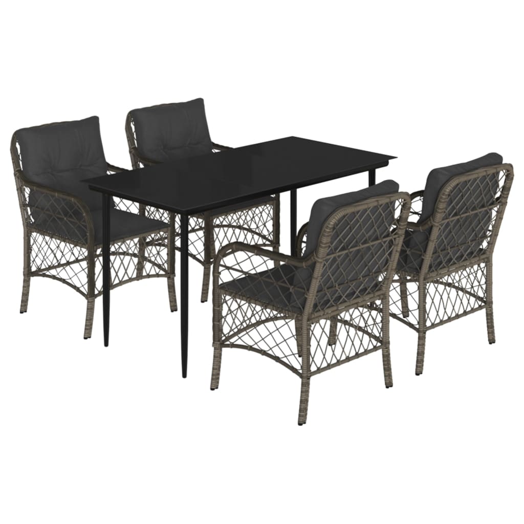 5 Piece Garden Dining Set with Cushions Grey Poly Rattan