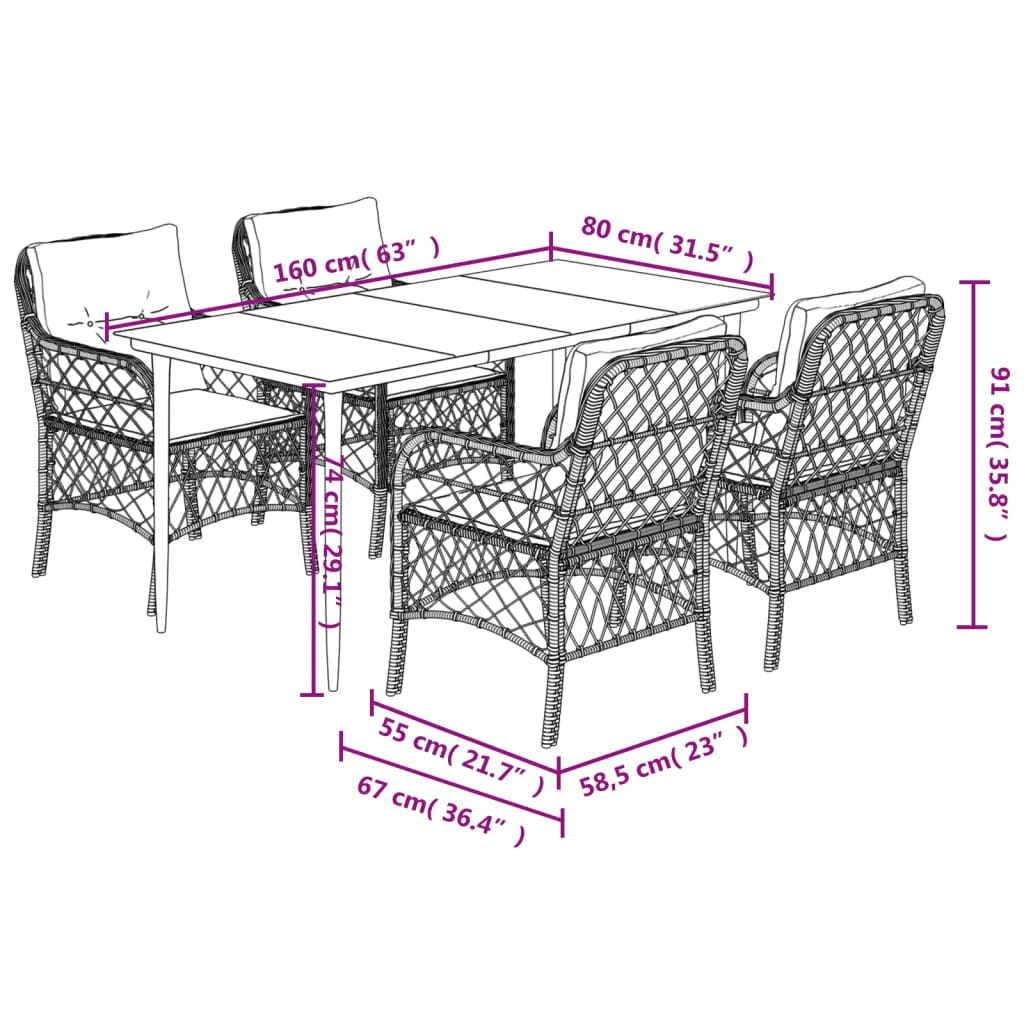 5 Piece Garden Dining Set with Cushions Grey Poly Rattan