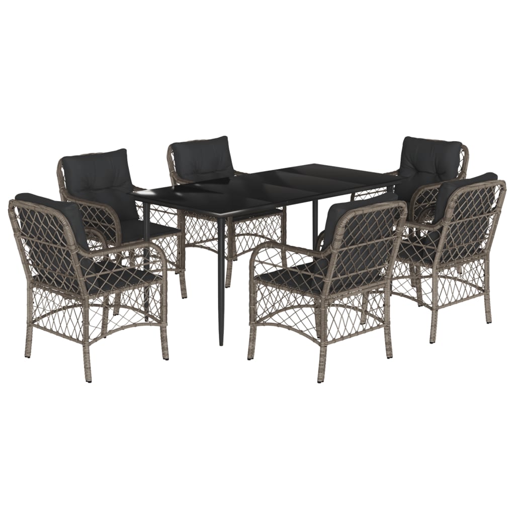 7 Piece Garden Dining Set with Cushions Grey Poly Rattan