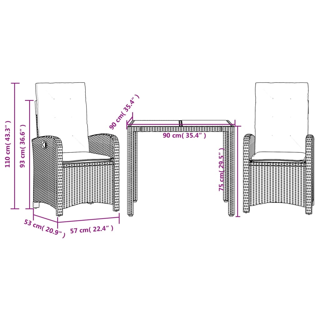 3 Piece Garden Dining Set with Cushions Black Poly Rattan