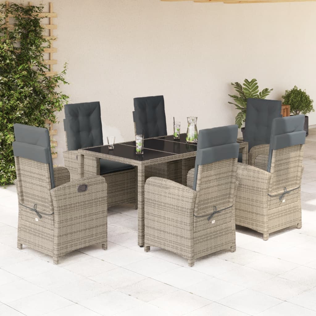 7 Piece Garden Dining Set with Cushions Grey Poly Rattan