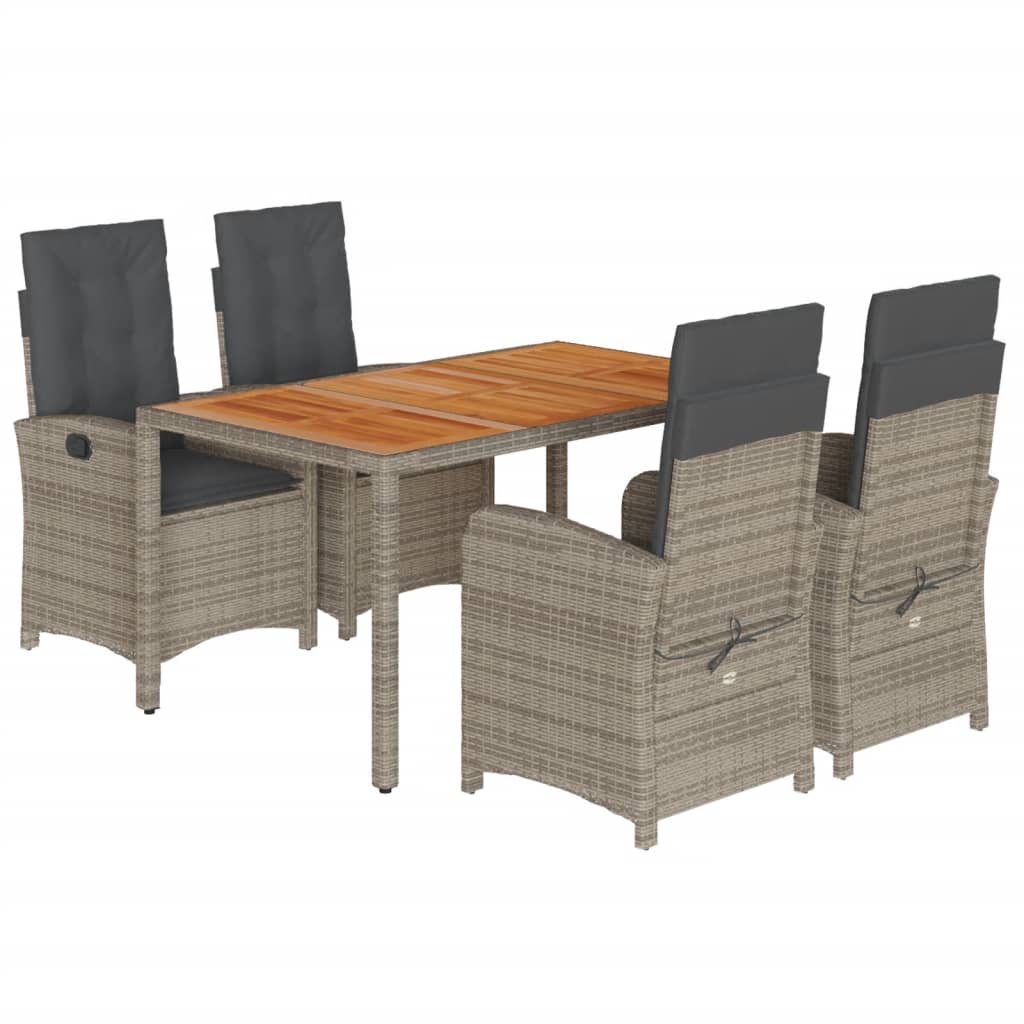 5 Piece Garden Dining Set with Cushions Grey Poly Rattan