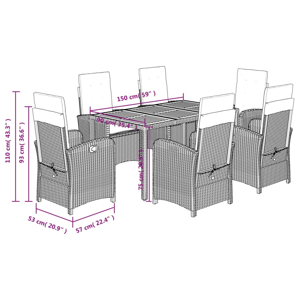 7 Piece Garden Dining Set with Cushions Grey Poly Rattan