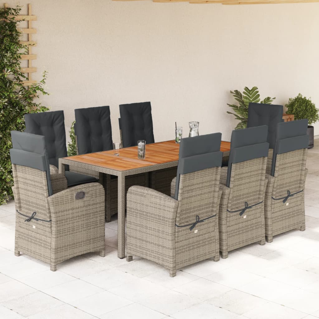 9 Piece Garden Dining Set with Cushions Grey Poly Rattan