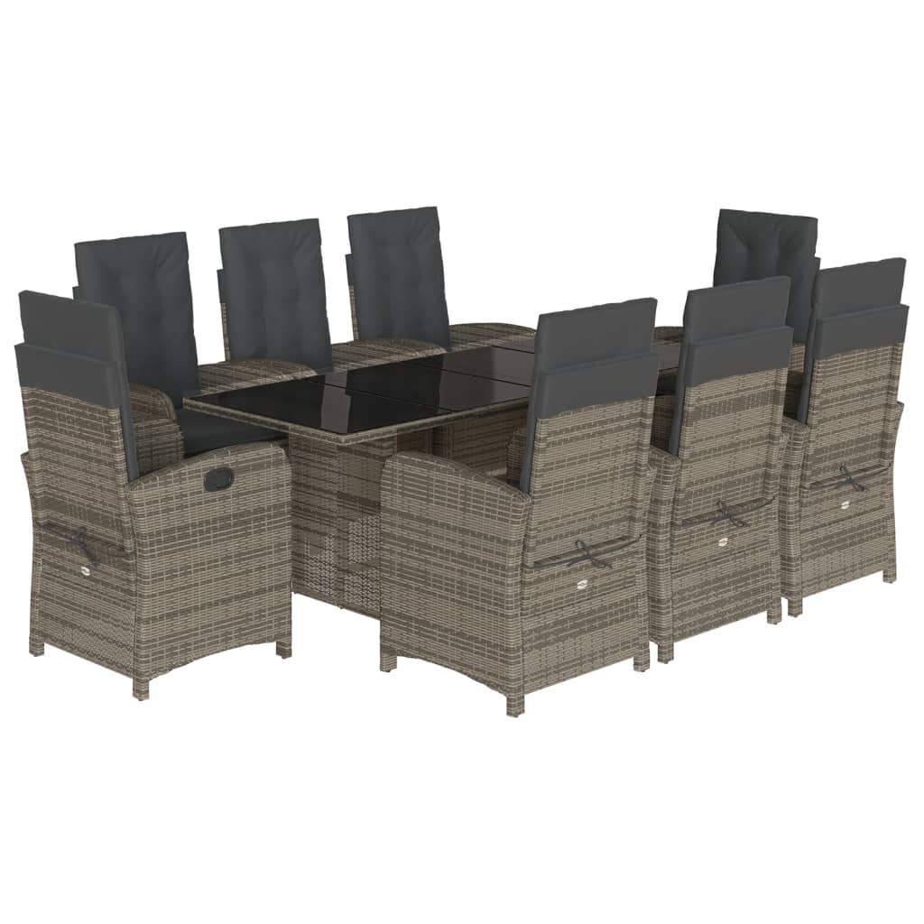 9 Piece Garden Dining Set with Cushions Grey Poly Rattan