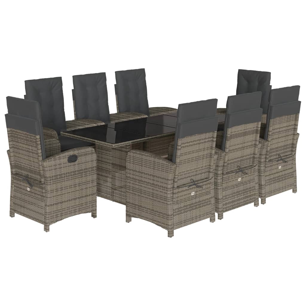9 Piece Garden Dining Set with Cushions Grey Poly Rattan