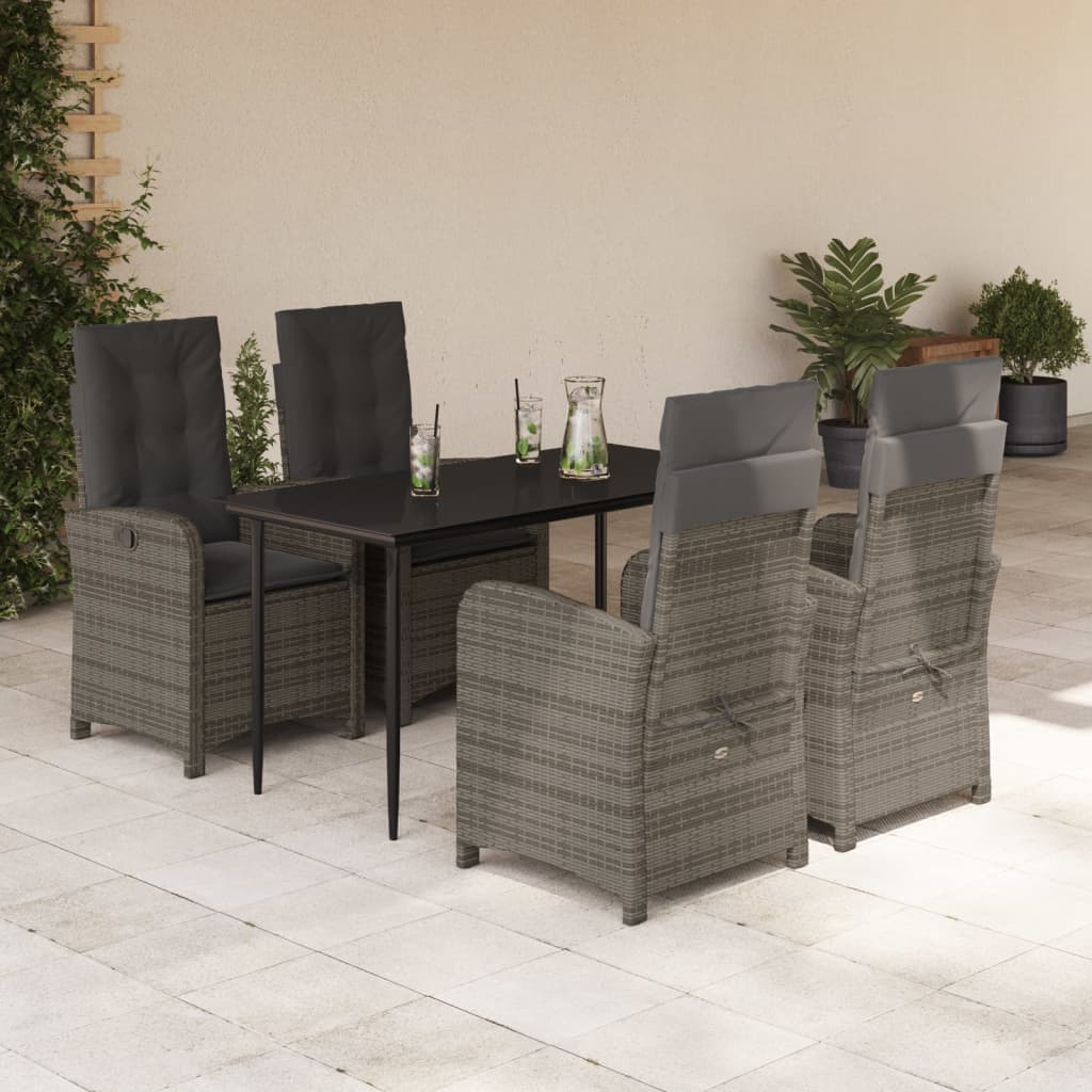 5 Piece Garden Dining Set with Cushions Grey Poly Rattan