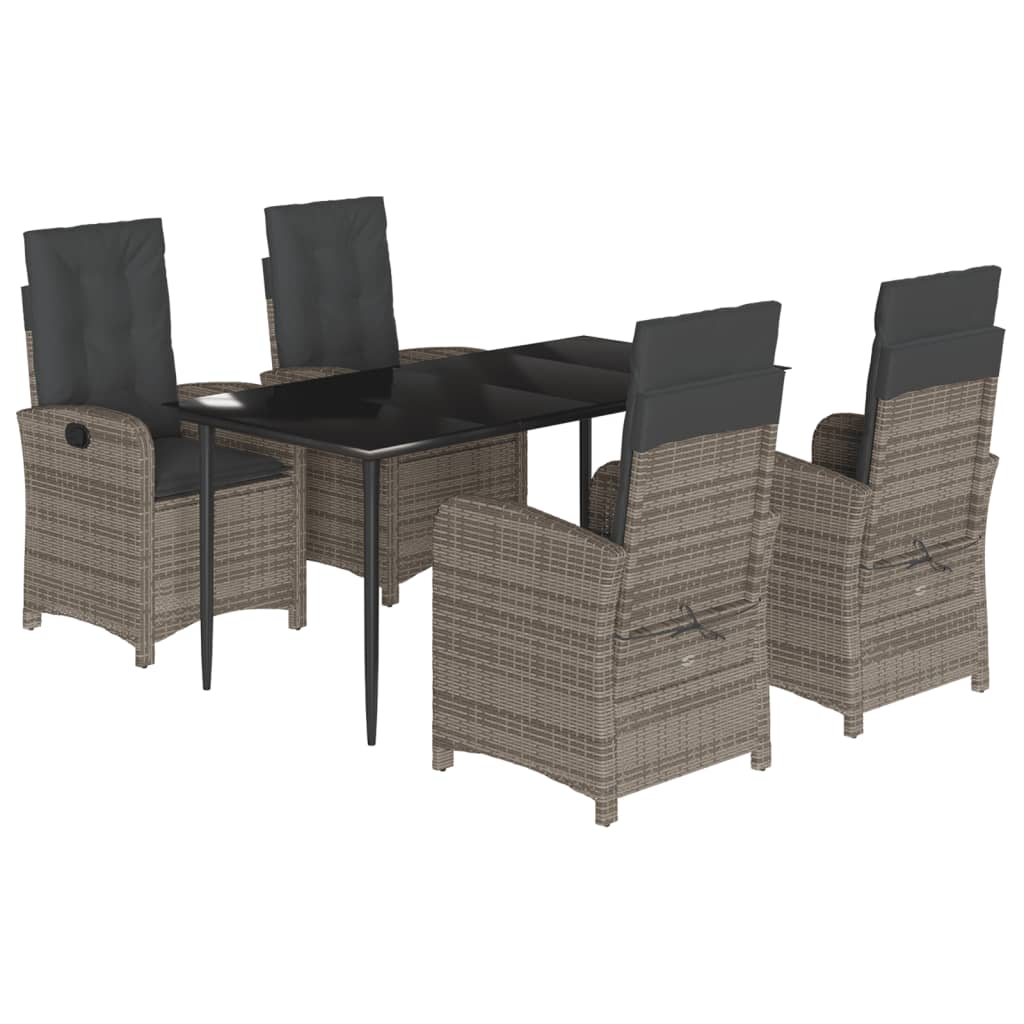 5 Piece Garden Dining Set with Cushions Grey Poly Rattan