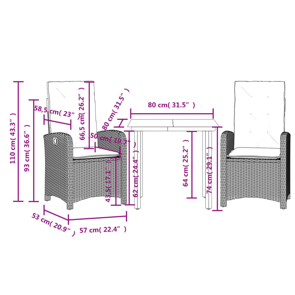 3 Piece Garden Dining Set with Cushions Grey Poly Rattan