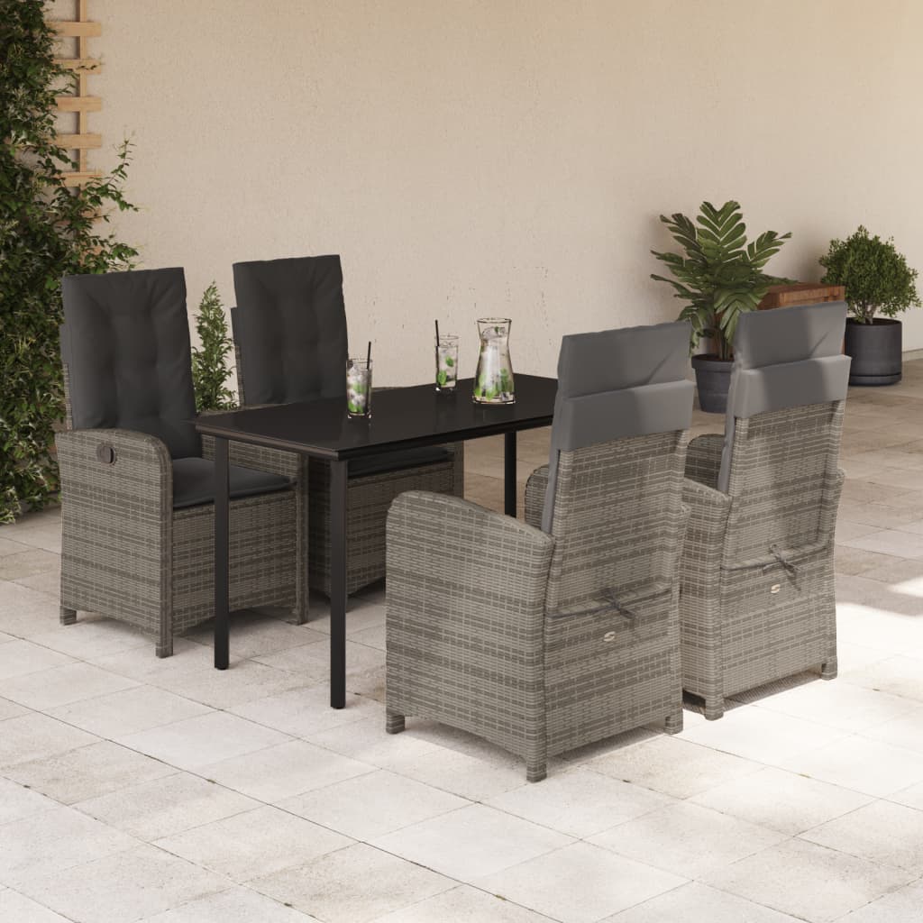 5 Piece Garden Dining Set with Cushions Grey Poly Rattan
