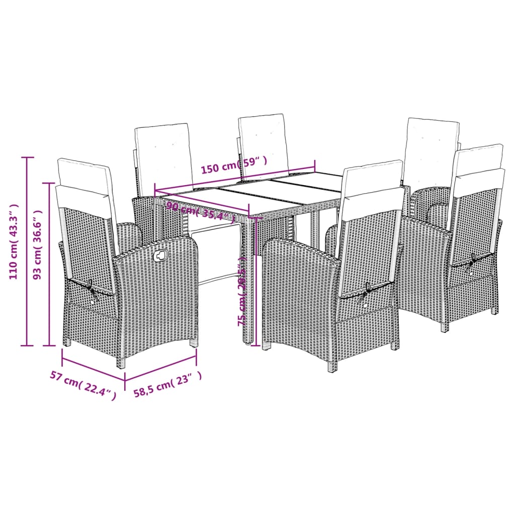7 Piece Garden Dining Set with Cushions Black Poly Rattan
