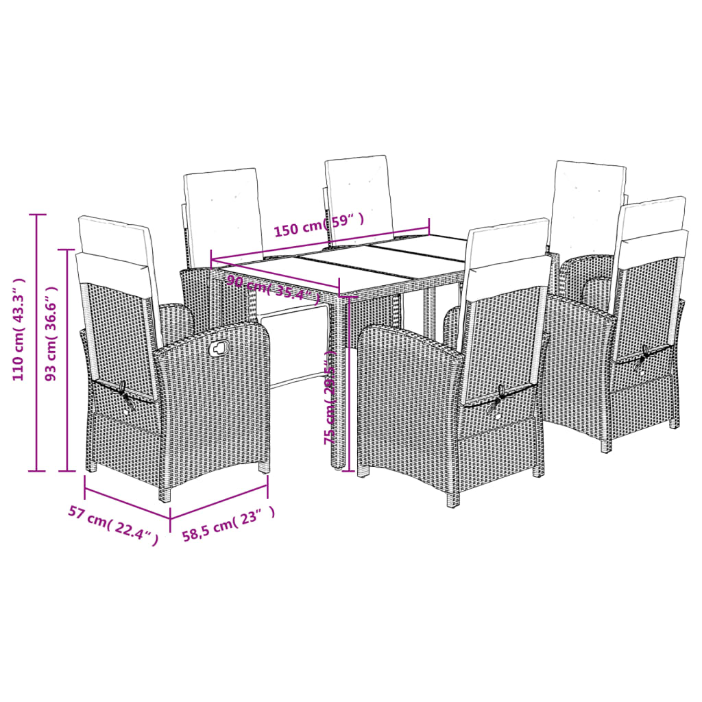 7 Piece Garden Dining Set with Cushions Grey Poly Rattan
