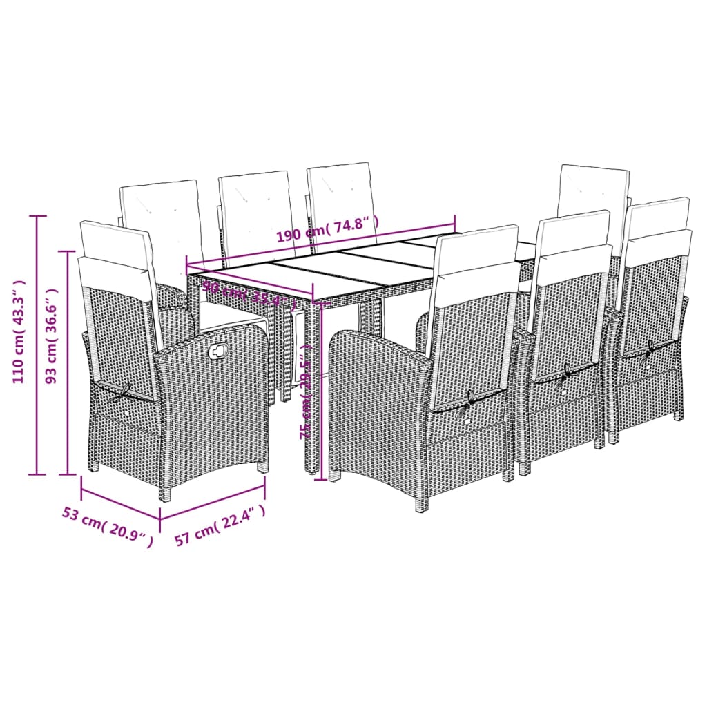 9 Piece Garden Dining Set with Cushions Grey Poly Rattan