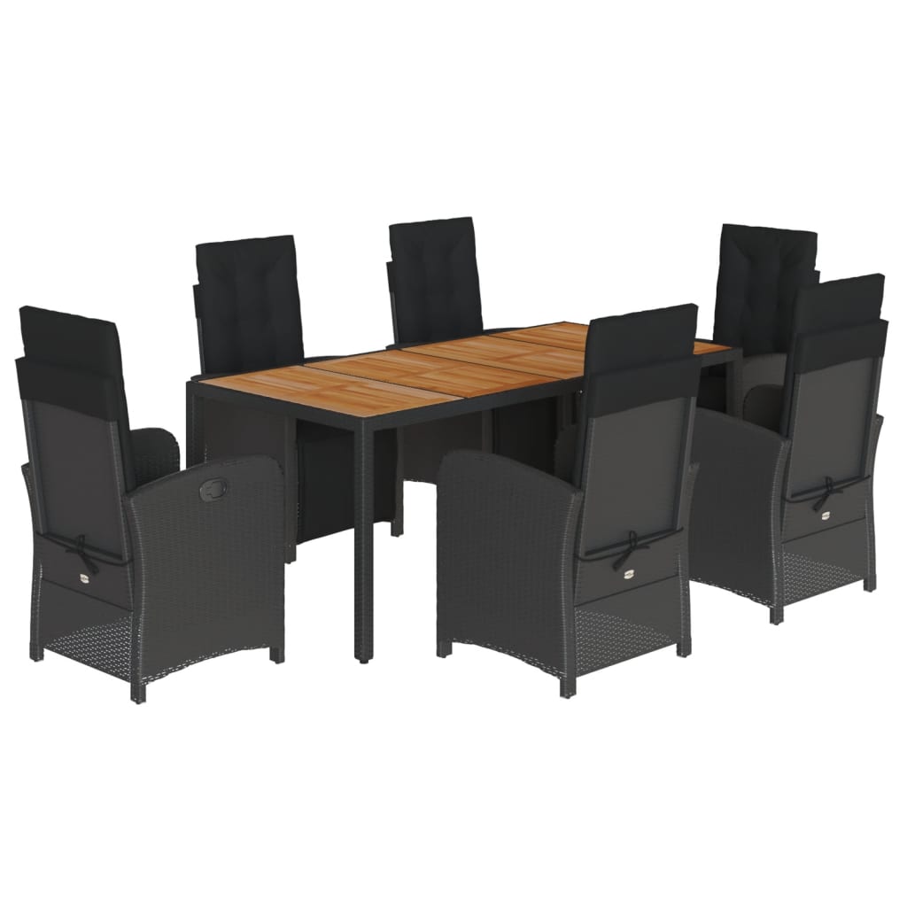 7 Piece Garden Dining Set with Cushions Black Poly Rattan