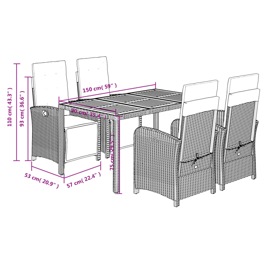 5 Piece Garden Dining Set with Cushions Grey Poly Rattan