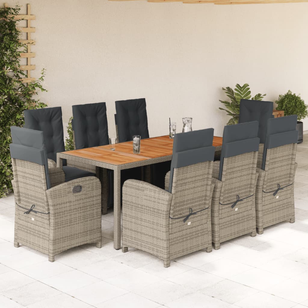 9 Piece Garden Dining Set with Cushions Grey Poly Rattan
