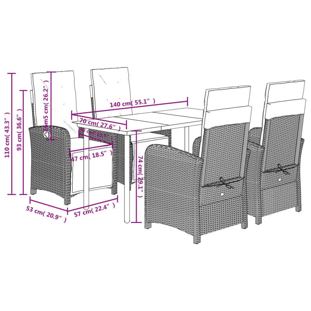 5 Piece Garden Dining Set with Cushions Grey Poly Rattan