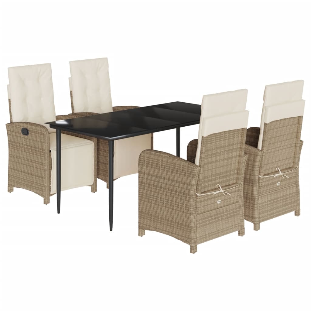5 Piece Garden Dining Set with Cushions Beige Poly Rattan