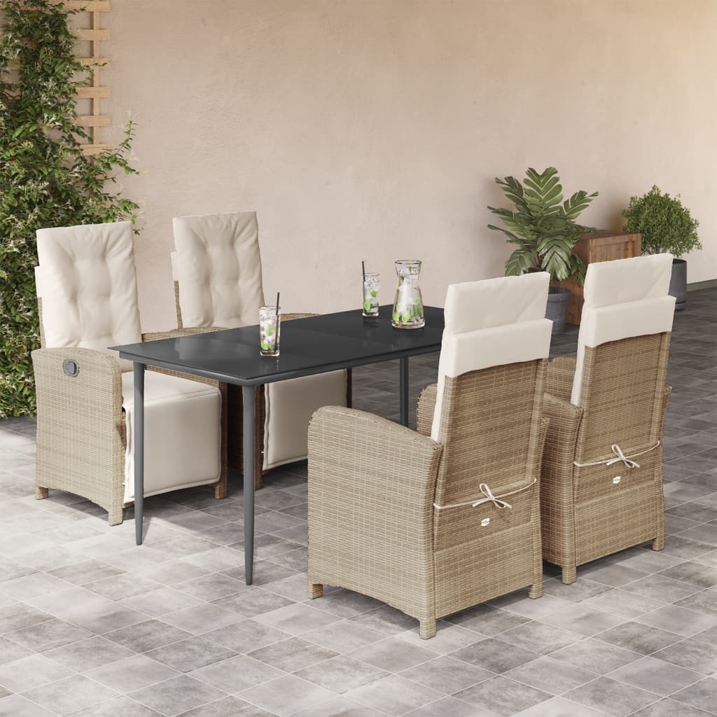 5 Piece Garden Dining Set with Cushions Beige Poly Rattan
