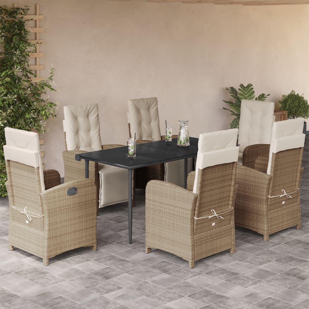 7 Piece Garden Dining Set with Cushions Beige Poly Rattan