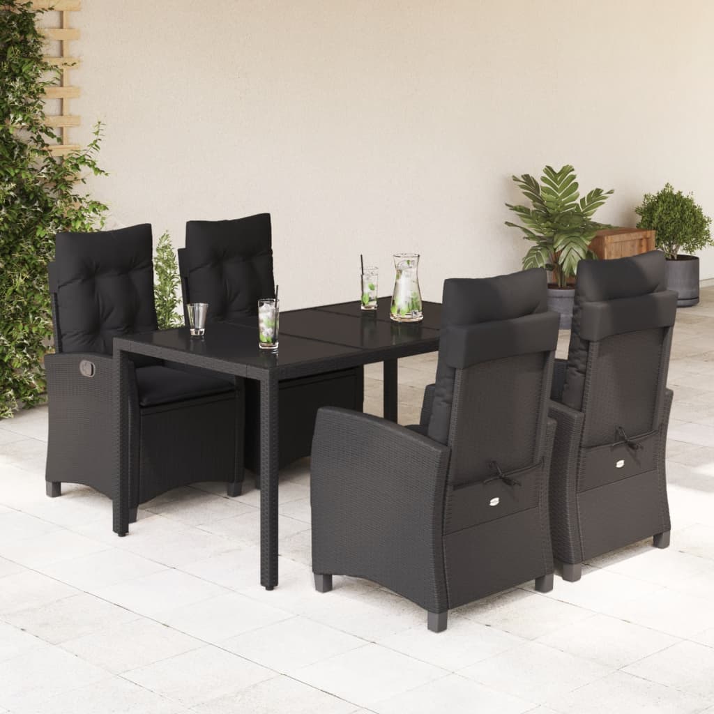 5 Piece Garden Dining Set with Cushions Black Poly Rattan