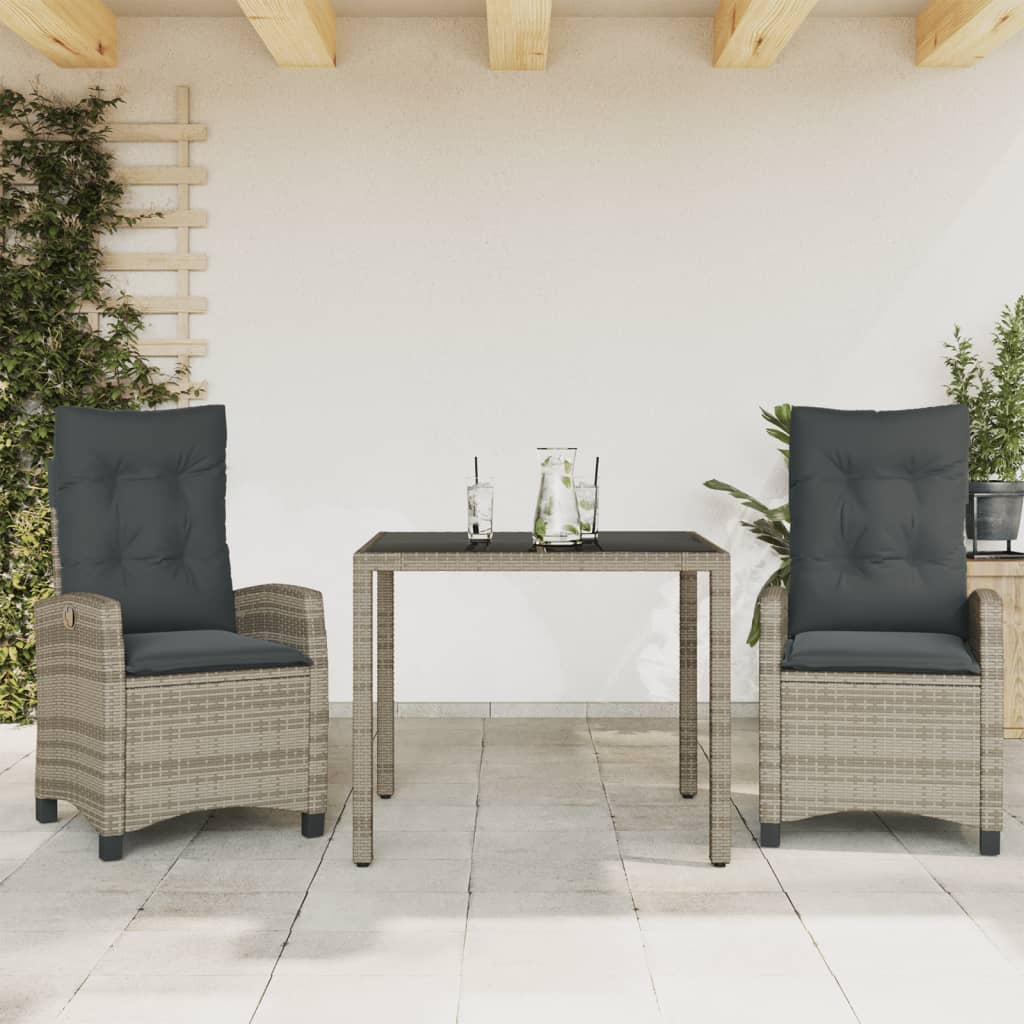 3 Piece Garden Dining Set with Cushions Grey Poly Rattan