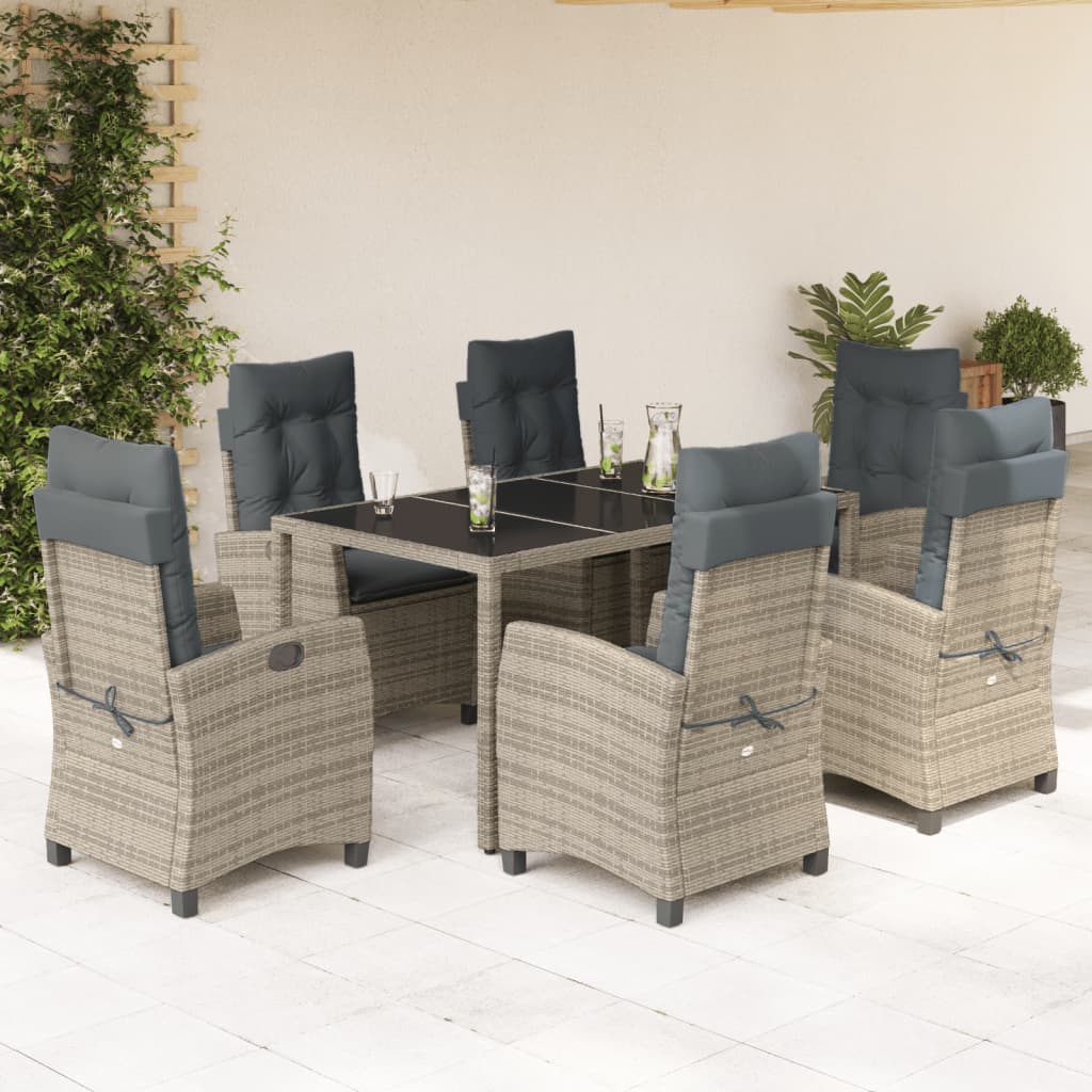 7 Piece Garden Dining Set with Cushions Grey Poly Rattan