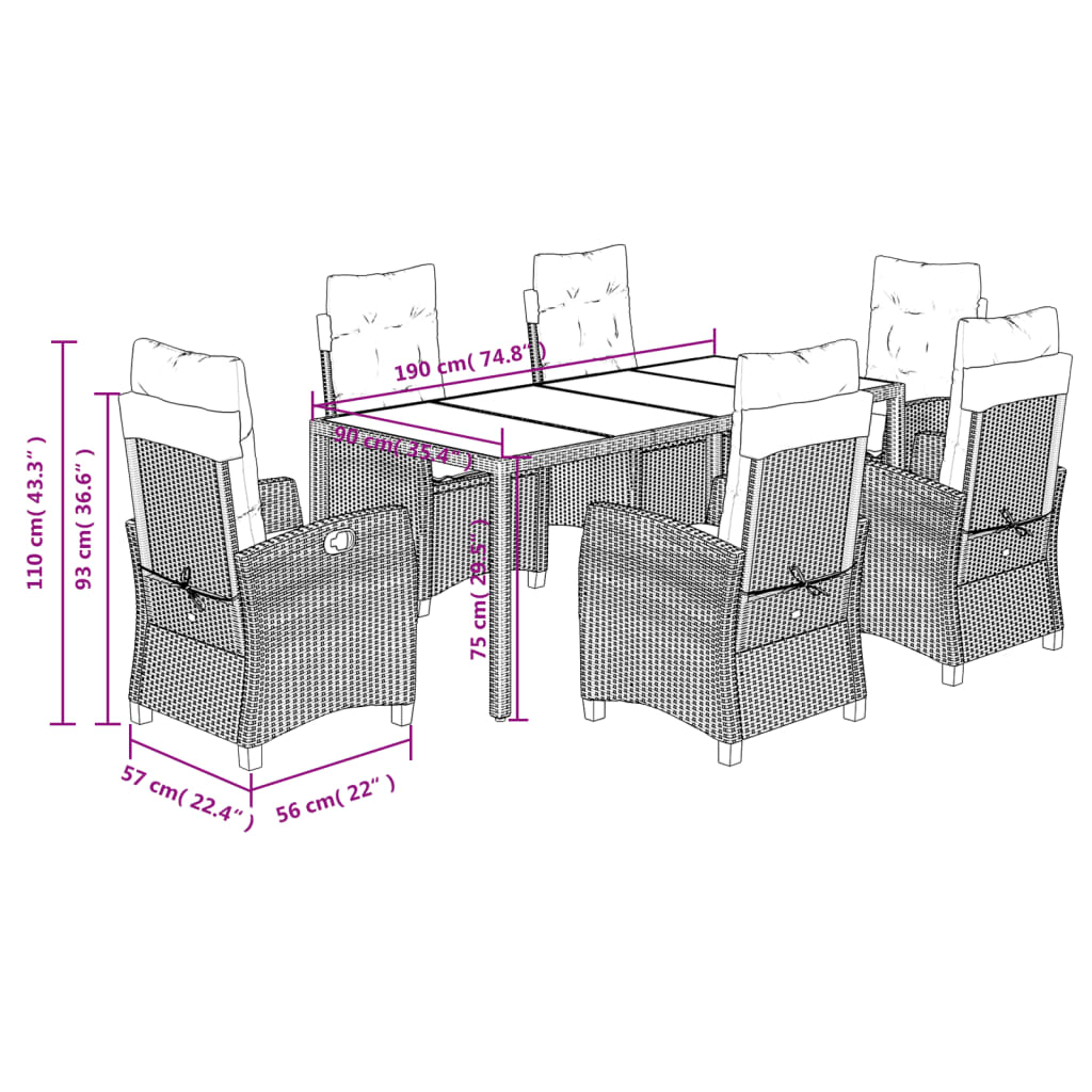 7 Piece Garden Dining Set with Cushions Grey Poly Rattan