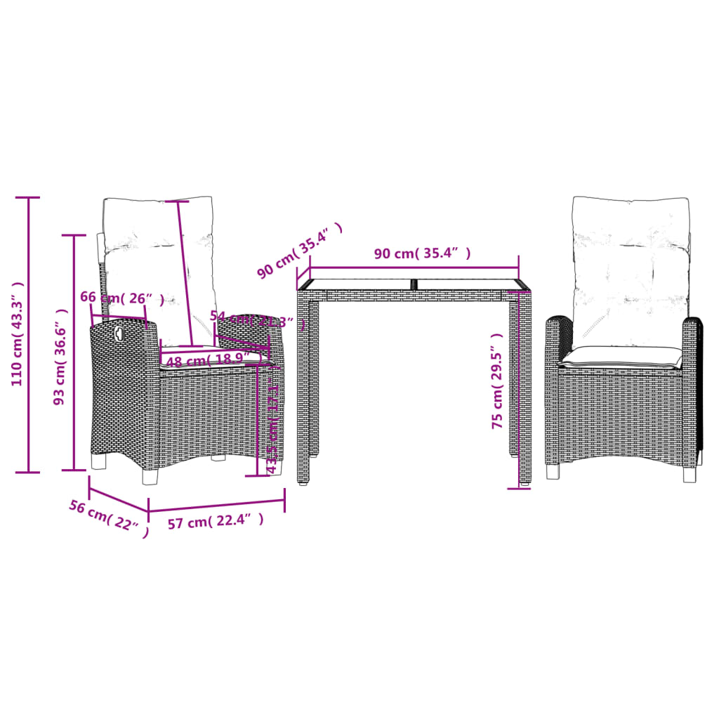 3 Piece Garden Dining Set with Cushions Black Poly Rattan