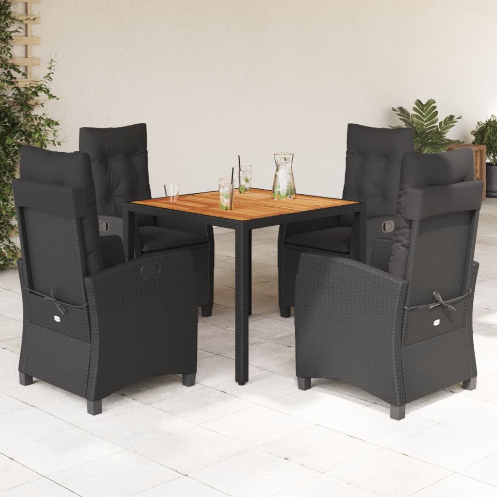 5 Piece Garden Dining Set with Cushions Black Poly Rattan